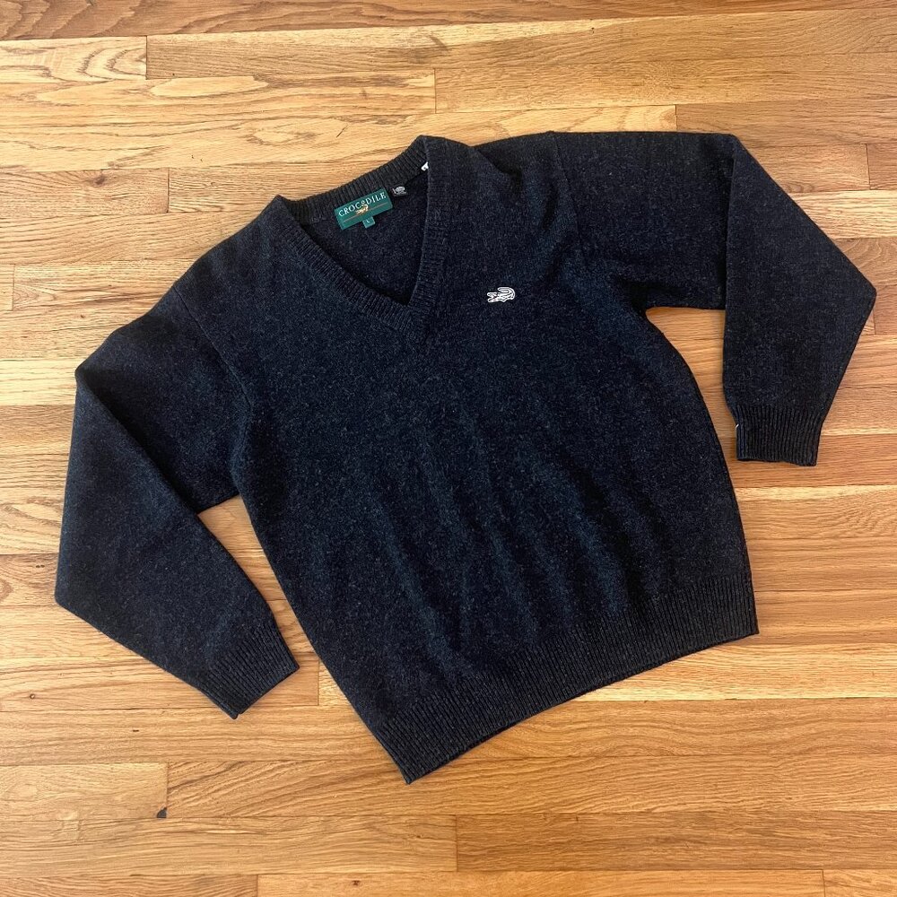 Vintage Crocodile 100% Wool Black V-Neck Sweater - Men's Large